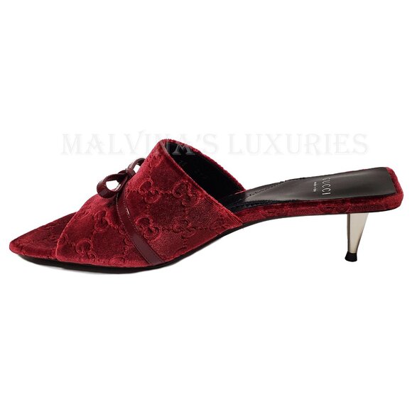 GUCCI SHOES GG LOGO BURGUNDY VELVET w BOW DETAIL SLIDES sz 38 8 US - Picture 9 of 15